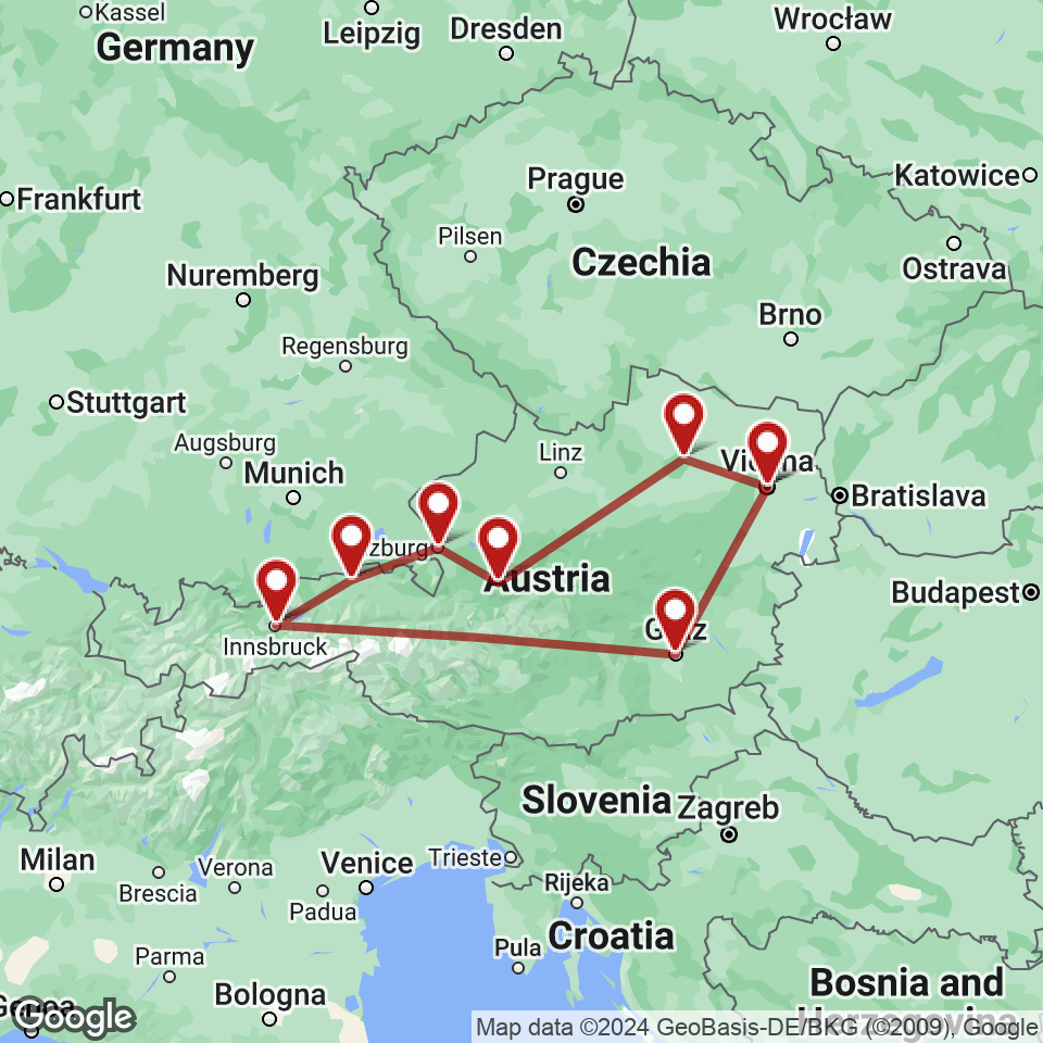 Route for Vienna, Durnstein, Hallstatt, Salzburg, Kufstein, Innsbruck, Graz, Vienna tour